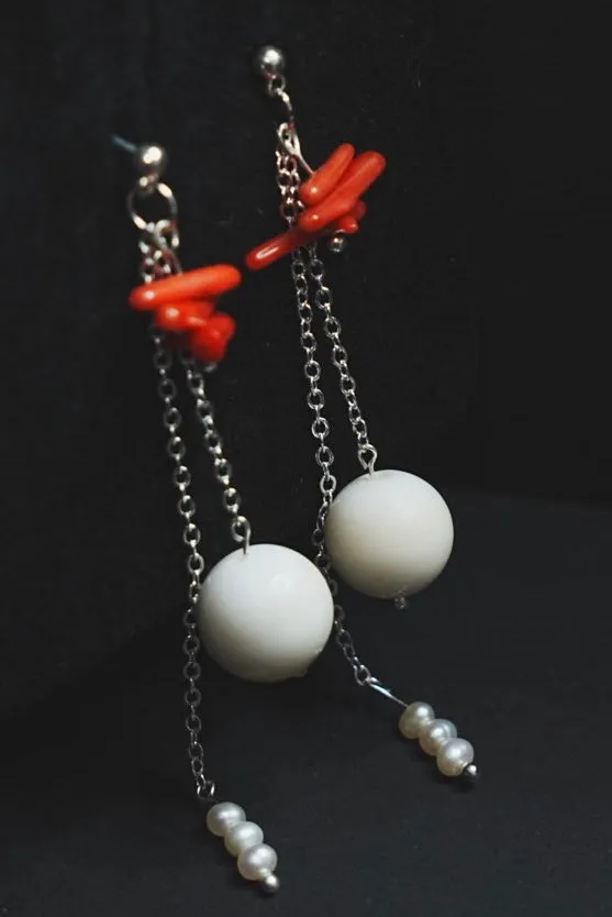 “Sea, The World”, Drop Earrings, Coral, Giant Clamshell Bead, Pearl