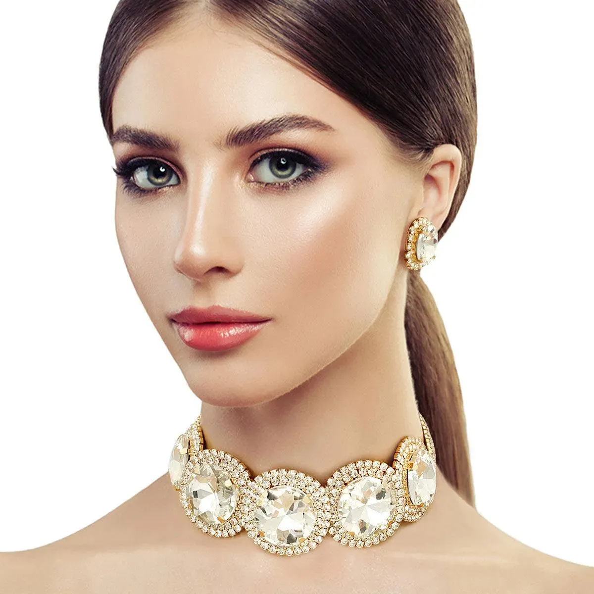 Shine with Brilliant Gold-tone Acrylic Crystal Choker Necklace Set - Elevate Your Style