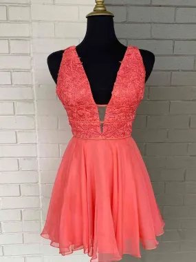 Short V Neck Coral Lace Prom Dresses, V Neck Coral Lace Formal Homecoming Dresses