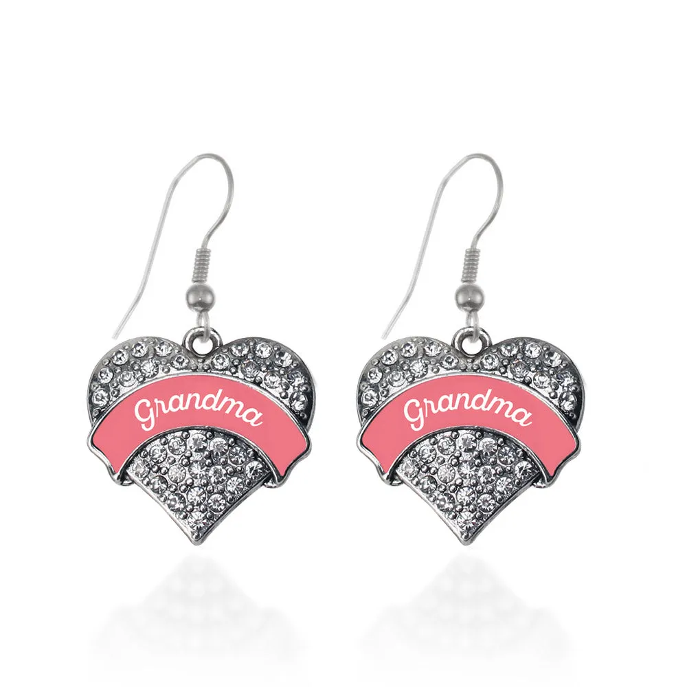 Silver Coral Grandma Pave Heart Charm Dangle Earrings