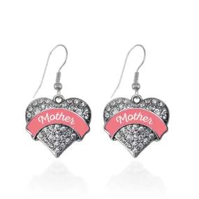 Silver Coral Mother Pave Heart Charm Dangle Earrings