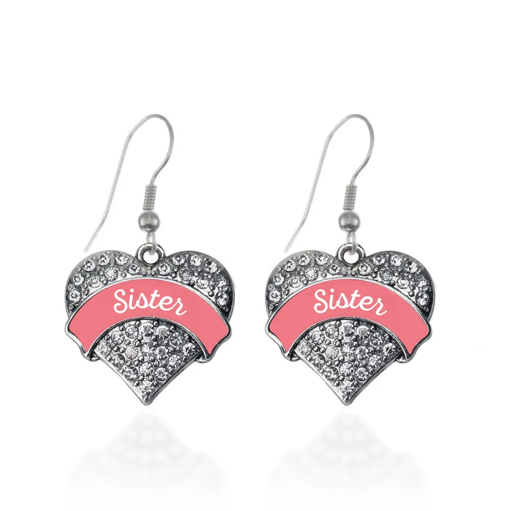 Silver Coral Sister Pave Heart Charm Dangle Earrings