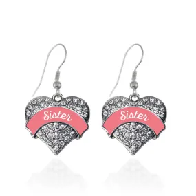 Silver Coral Sister Pave Heart Charm Dangle Earrings