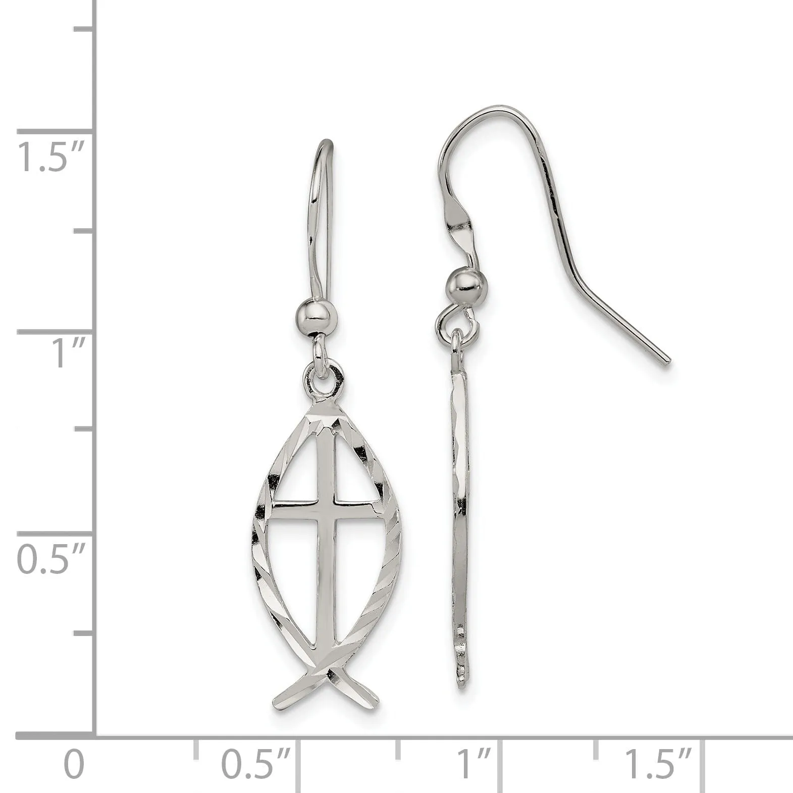 Silver Diamond Cut Cross With Fish Dangle Earrings