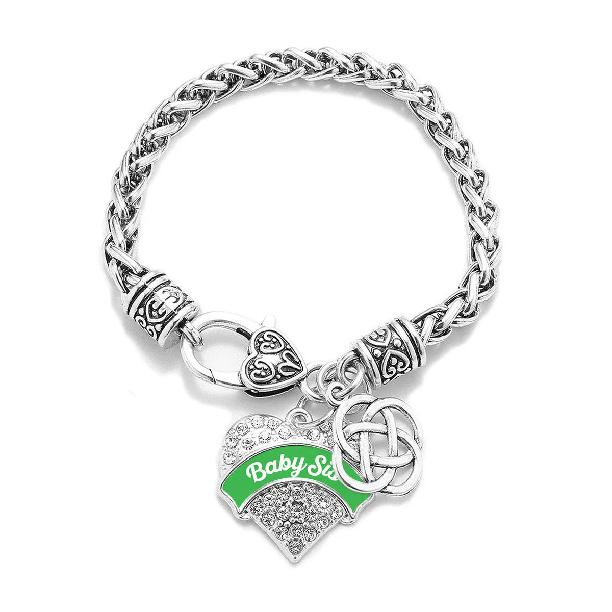 Silver Emerald Green Baby Sis Celtic Knot Pave Heart Charm Braided Bracelet