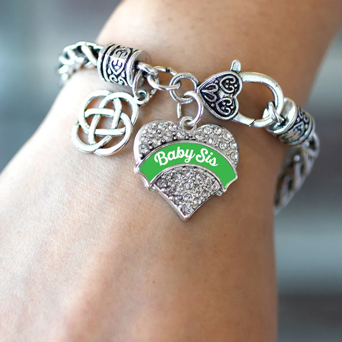 Silver Emerald Green Baby Sis Celtic Knot Pave Heart Charm Braided Bracelet