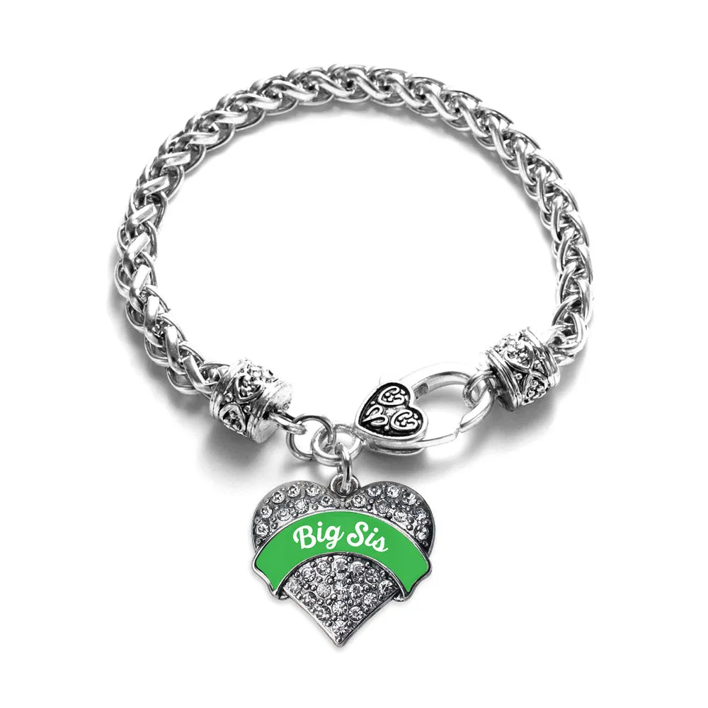 Silver Emerald Green Big Sister Pave Heart Charm Braided Bracelet