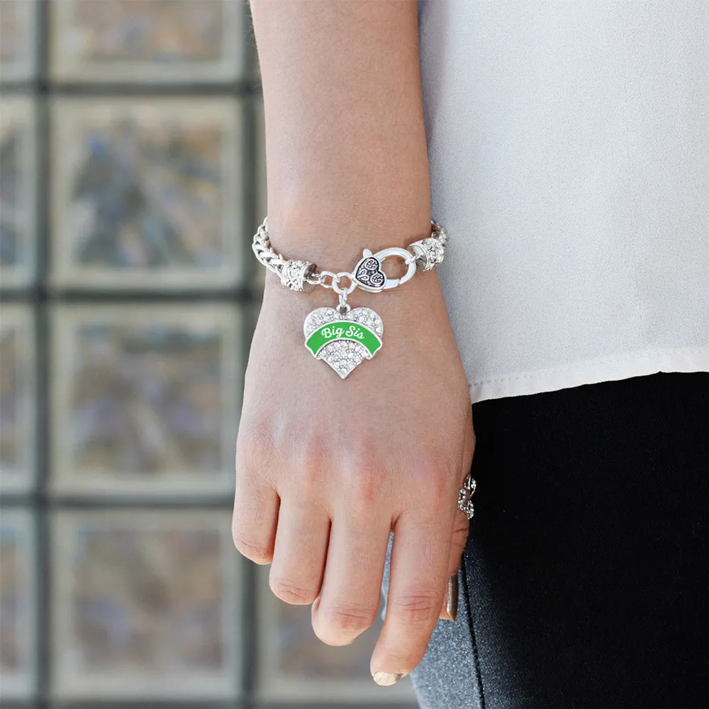 Silver Emerald Green Big Sister Pave Heart Charm Braided Bracelet