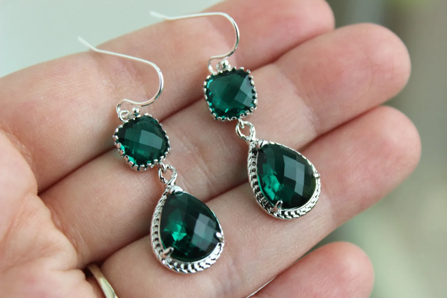 Silver Emerald Green Earrings Two Tiered - Emerald Wedding Jewelry - Dark Green Bridesmaid Earrings Gift Bridal Jewelry - Gift Under 35