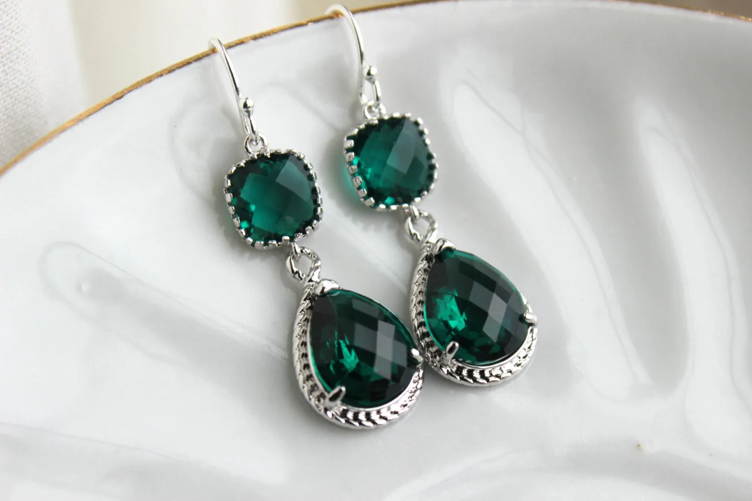 Silver Emerald Green Earrings Two Tiered - Emerald Wedding Jewelry - Dark Green Bridesmaid Earrings Gift Bridal Jewelry - Gift Under 35