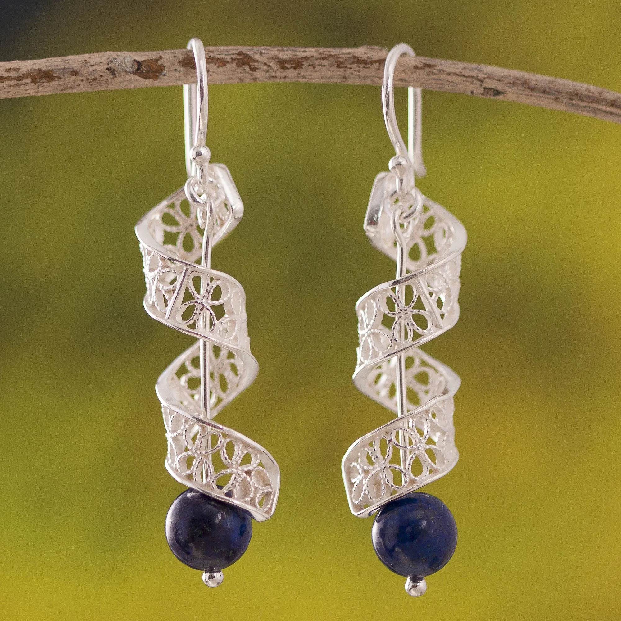 Spiral Lapis Lazuli Filigree Dangle Earrings from Peru - Spiral Dance | NOVICA