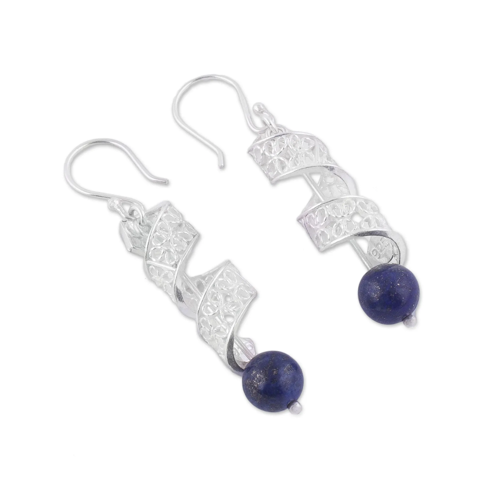 Spiral Lapis Lazuli Filigree Dangle Earrings from Peru - Spiral Dance | NOVICA