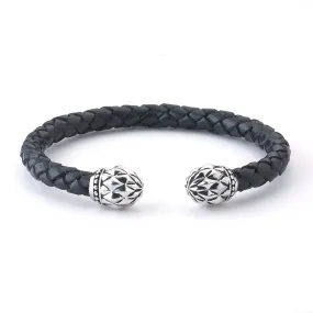 SS Floral Design End Caps With On Woven Black Leather Bangle