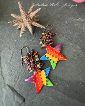 Star glass and metal enamel charms, mixed gemstone, Copper metal, earrings