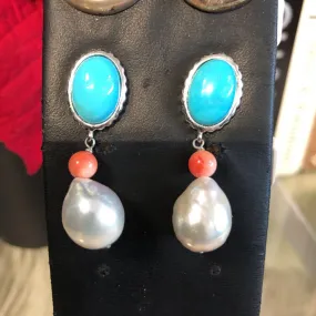 STERLING SILVER 925 SILVER PEARL CORAL DROP EARRINGS