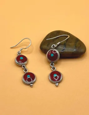 Sterling Silver Gemstone Coral Tibetan Round Earrings