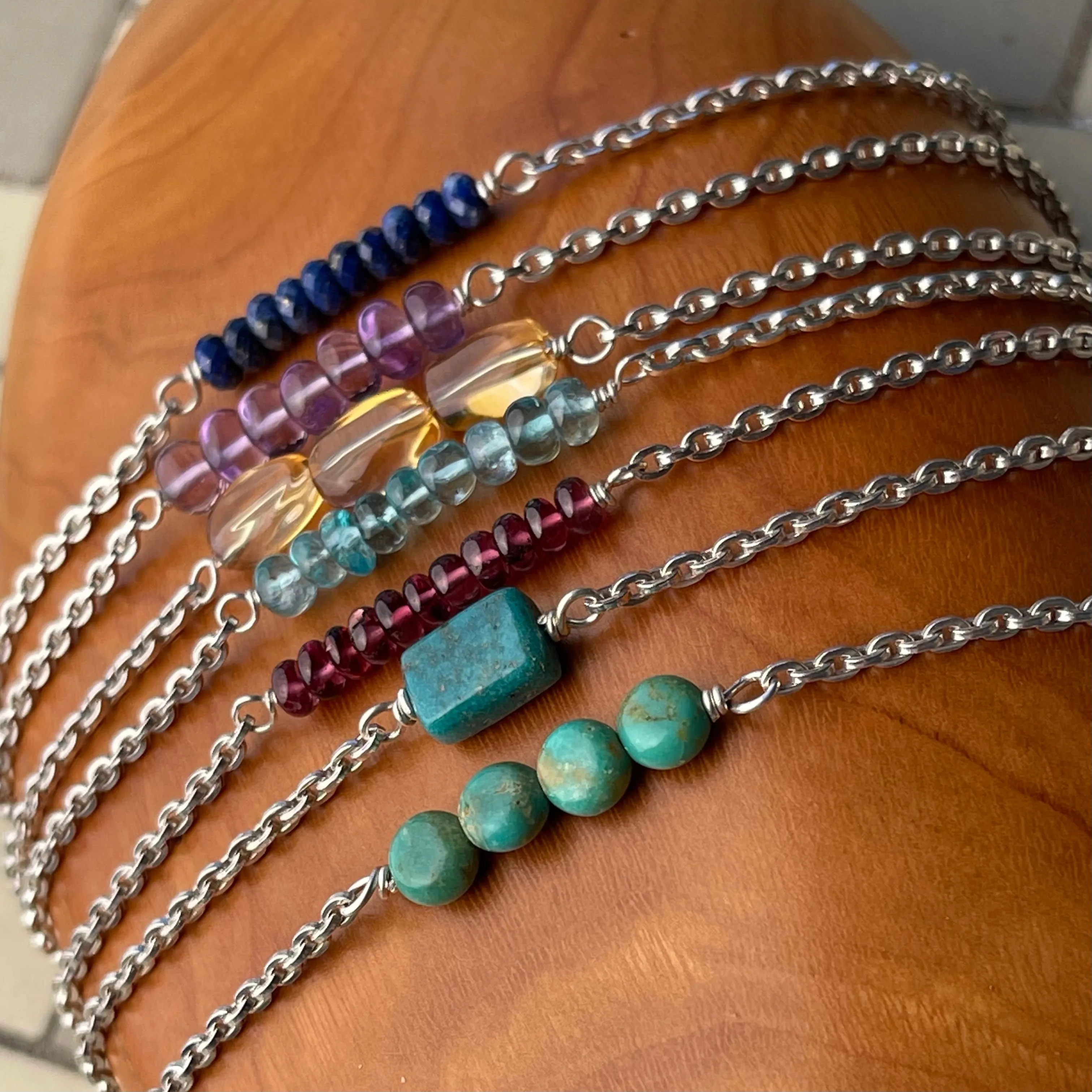 Sterling Silver Turquoise, Citrine, Pink Tourmaline, Lapis, Aquamarine Bracelet or Necklace