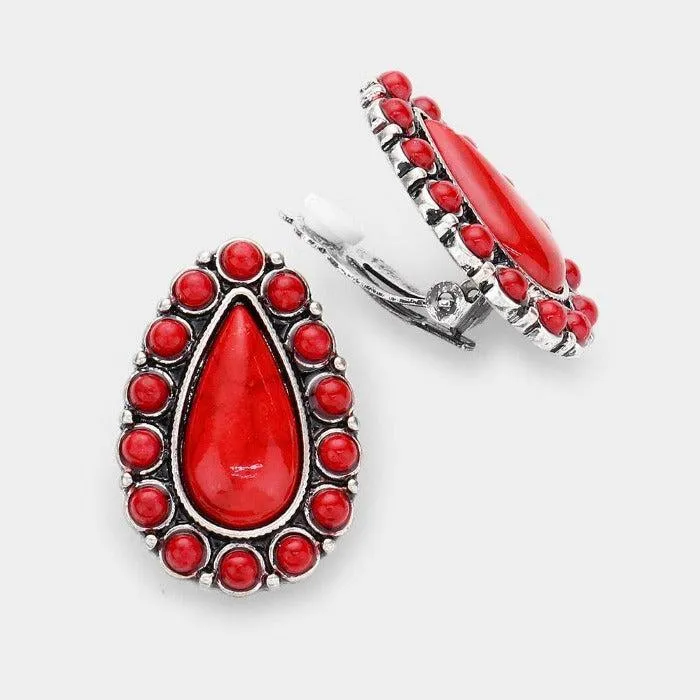 Teardrop Red Natural Stone Clip On Earrings