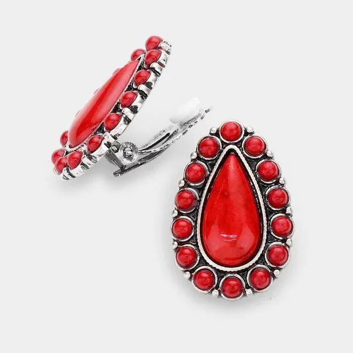 Teardrop Red Natural Stone Clip On Earrings