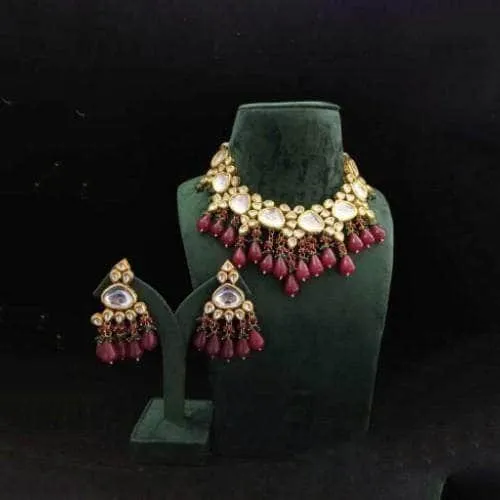 Triangular Kundan Necklace And Earring Set With Monalisa Beads