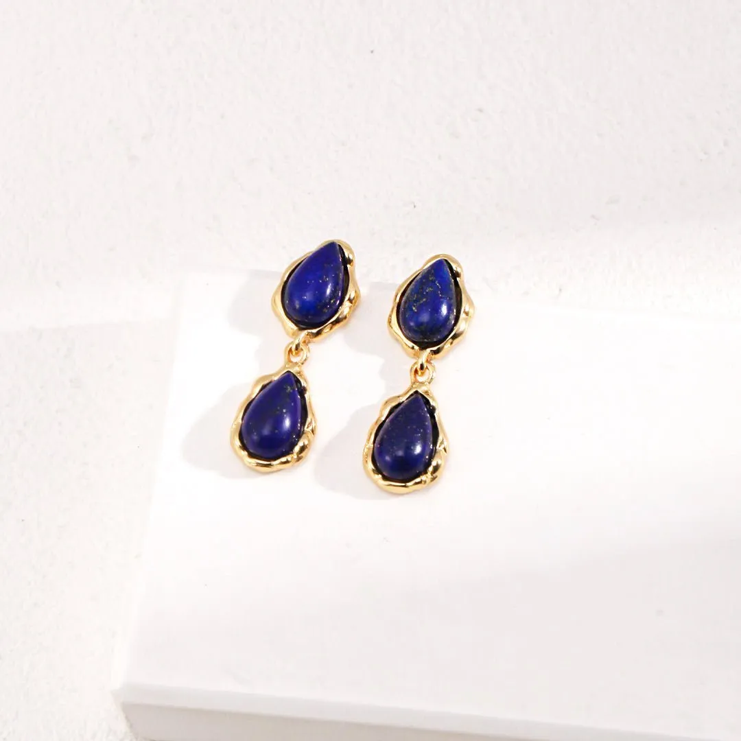 Two Drop-shaped Gold Lapis Lazuli Earrings