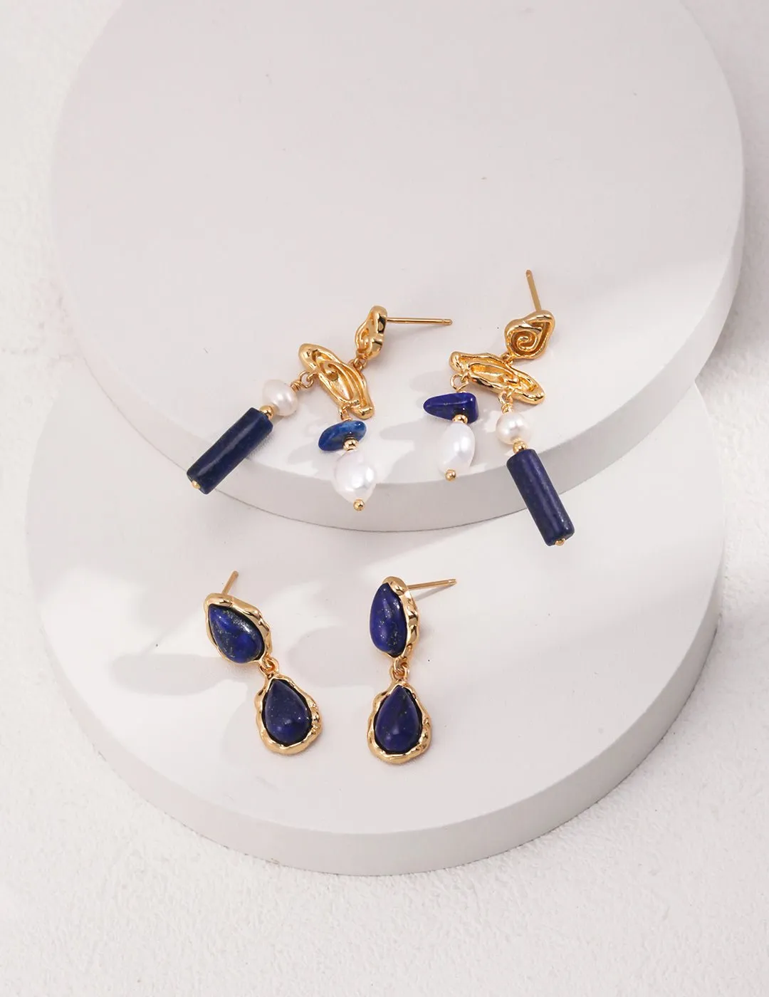 Two Drop-shaped Gold Lapis Lazuli Earrings