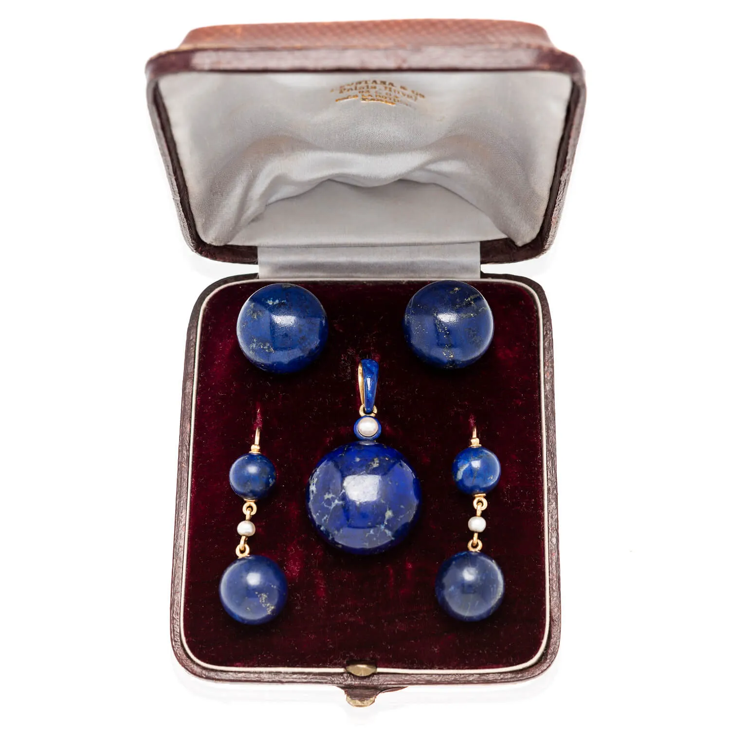 Victorian 18kt, Pearl, Enamel   Carved Lapis Lazuli Earrings, Pendant   Button Set