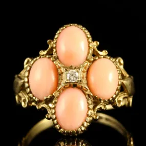 Vintage Coral Diamond Ring 9Ct Gold