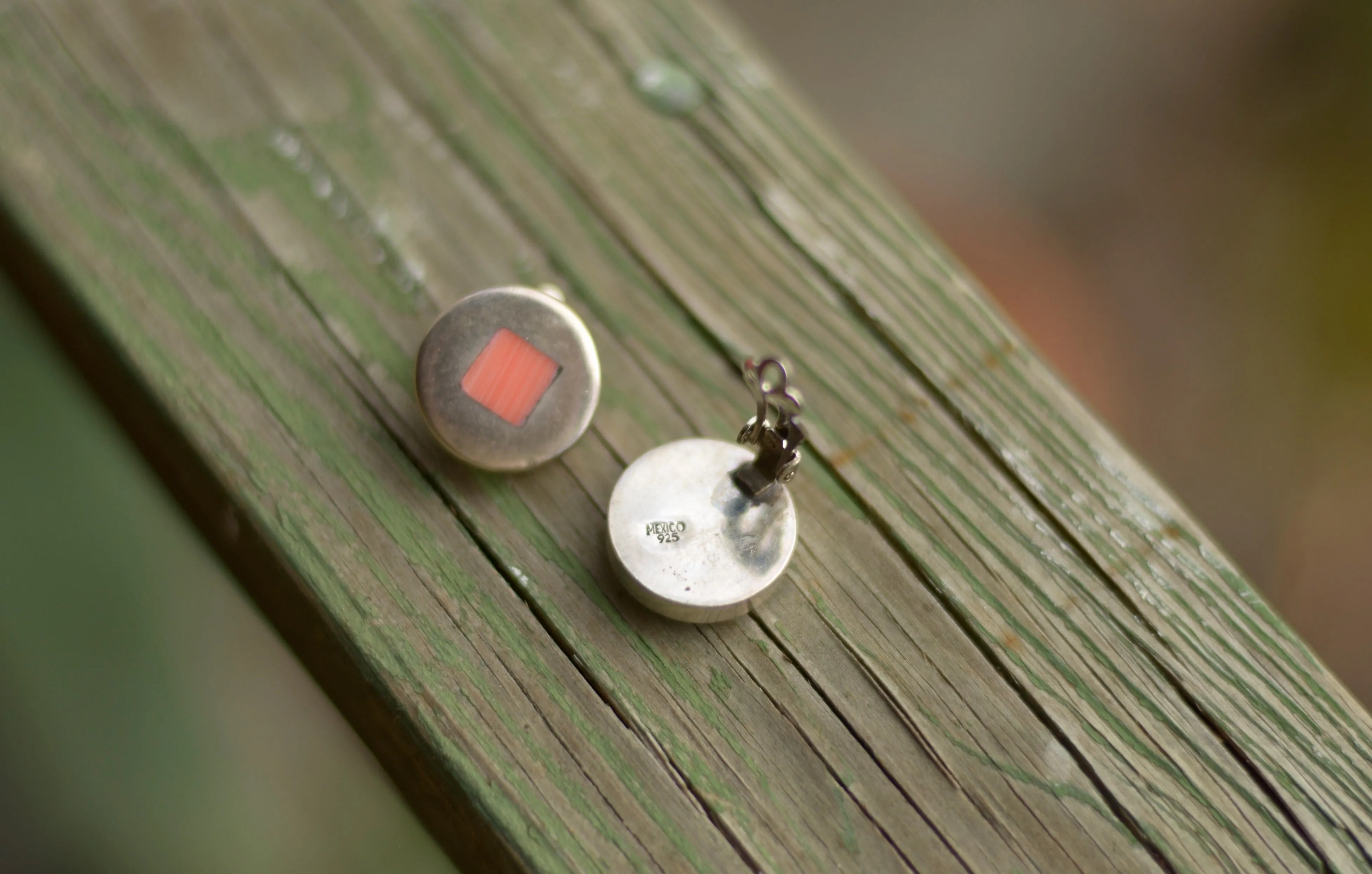 Vintage modernist Mexican silver earrings with semi precious stone inlay, clip-on