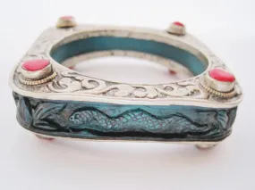 Vintage Square Carved Animal Blue Resin Bracelet from Nepal