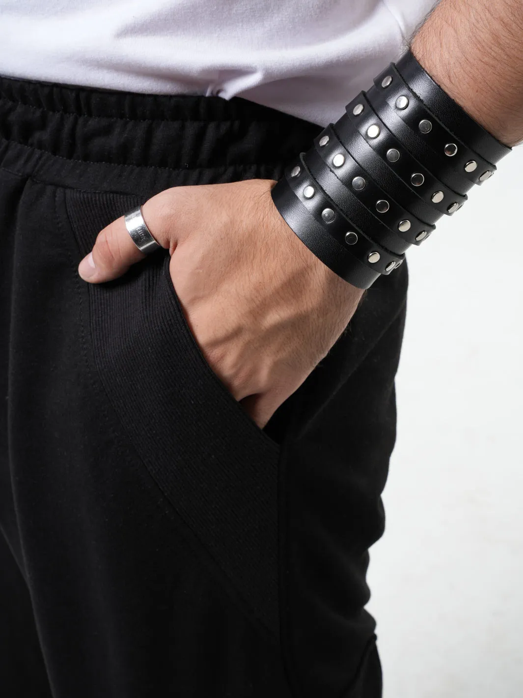 Wide Leather Studded Bracelet