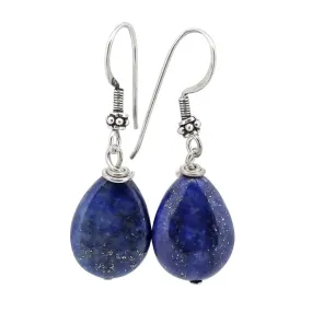 Women's Handmade Teardrop Lapis Lazuli Gemstone Earrings with 925 Silver Hooks