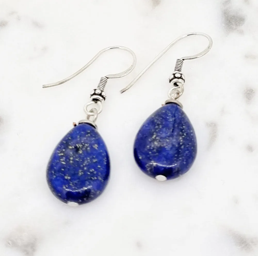 Women's Handmade Teardrop Lapis Lazuli Gemstone Earrings with 925 Silver Hooks