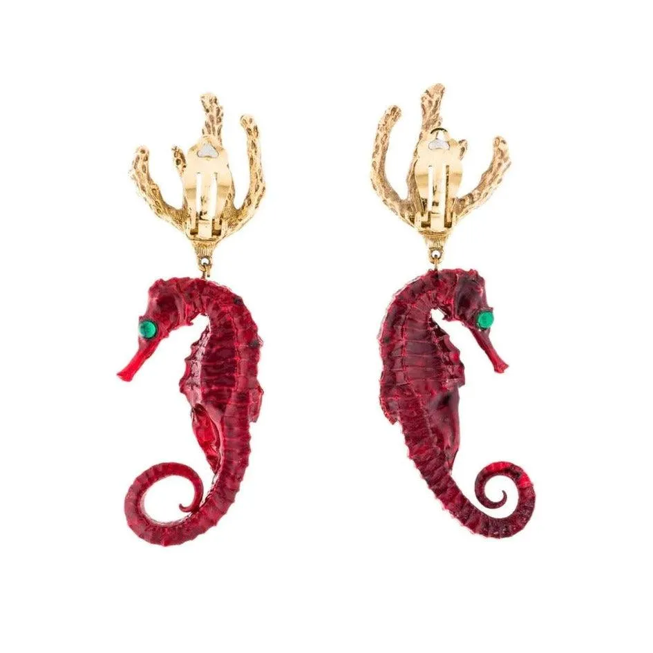 YVES SAINT LAURENT Vintage Red Gold Seahorse Earrings Ysl